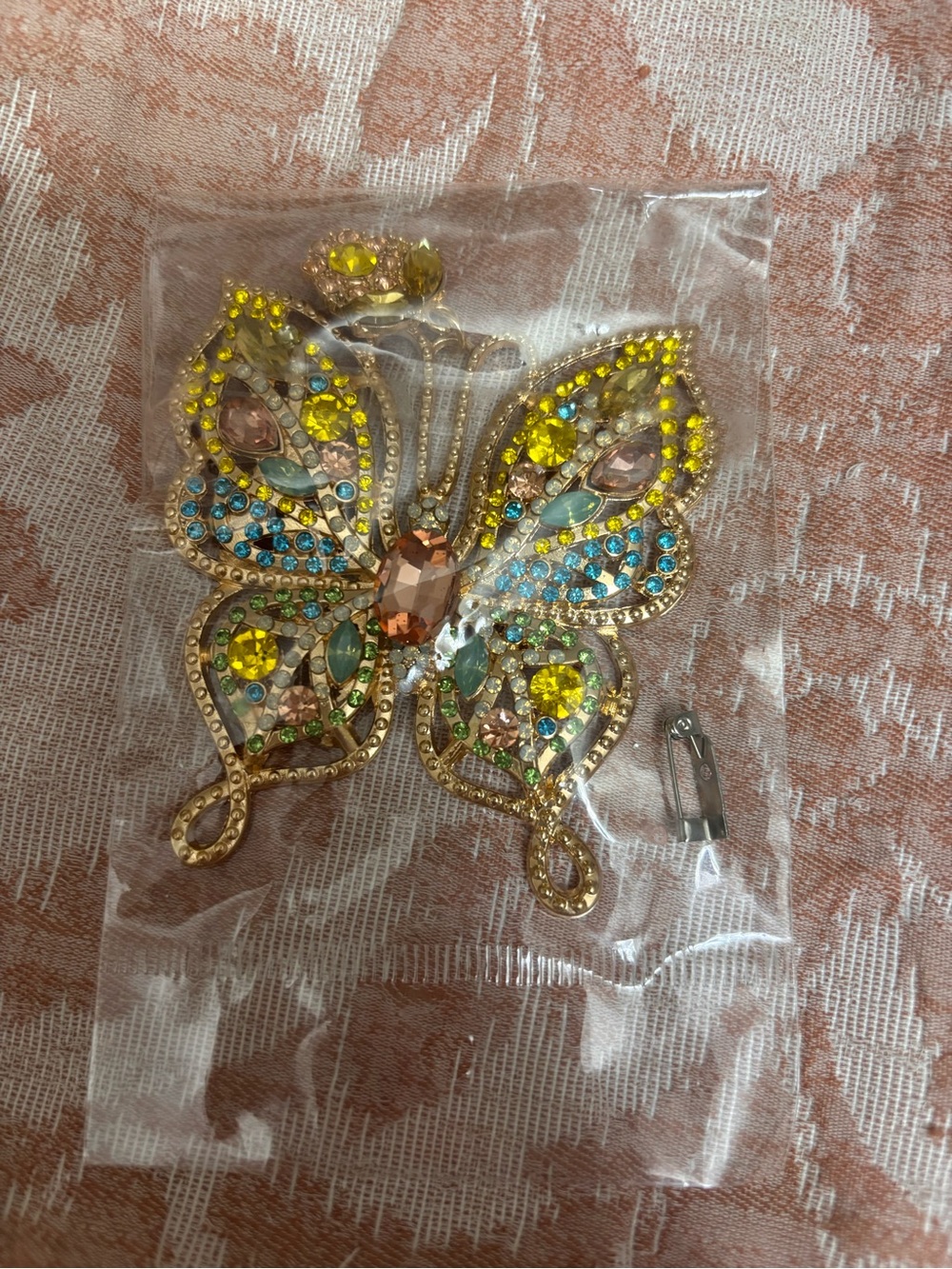 Gold-Tone Multicolor Crystal Butterfly Brooch - Elegant Statement Pin broken - Picture 4 of 4